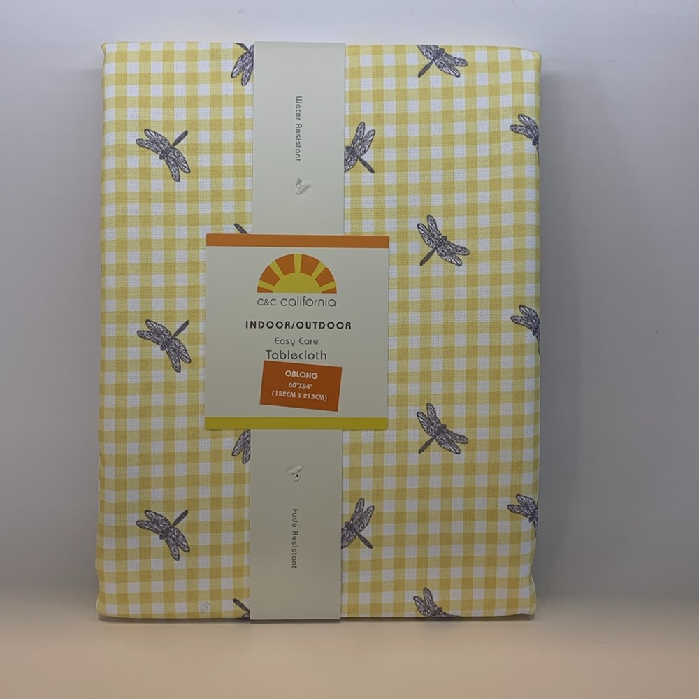 C&C California Dragonfly Gingham Yellow Tablecloth Oblong 60"x84" In-Outdoor